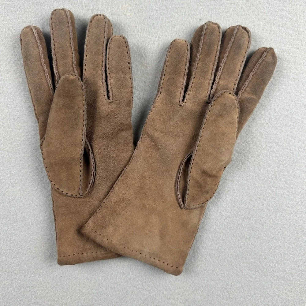 Vintage 90s Lauer Womens Brown Suede Leather Gloves Wool Cotton Knit Lined  M